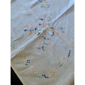 Vintage Hand Cross Stitch Pastel Multicolor Tablecloth 32" x 36"